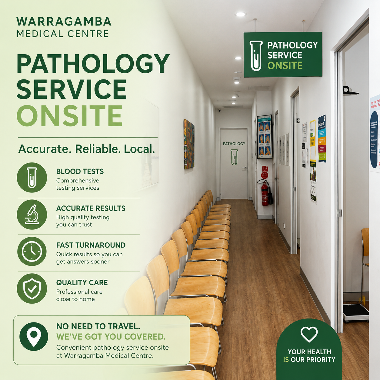 Waiting area with wooden chairs in a medical center hallway leading to pathology service on-site at Warragamba Medical Centre, with posters and a fire extinguisher on the wall.