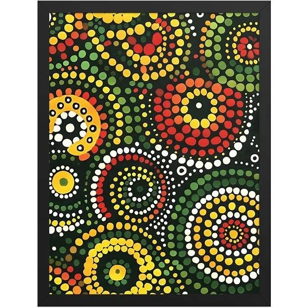 Abstract artwork featuring colorful concentric circle patterns in yellow, red, green, white, and black, resembling a dot painting style.