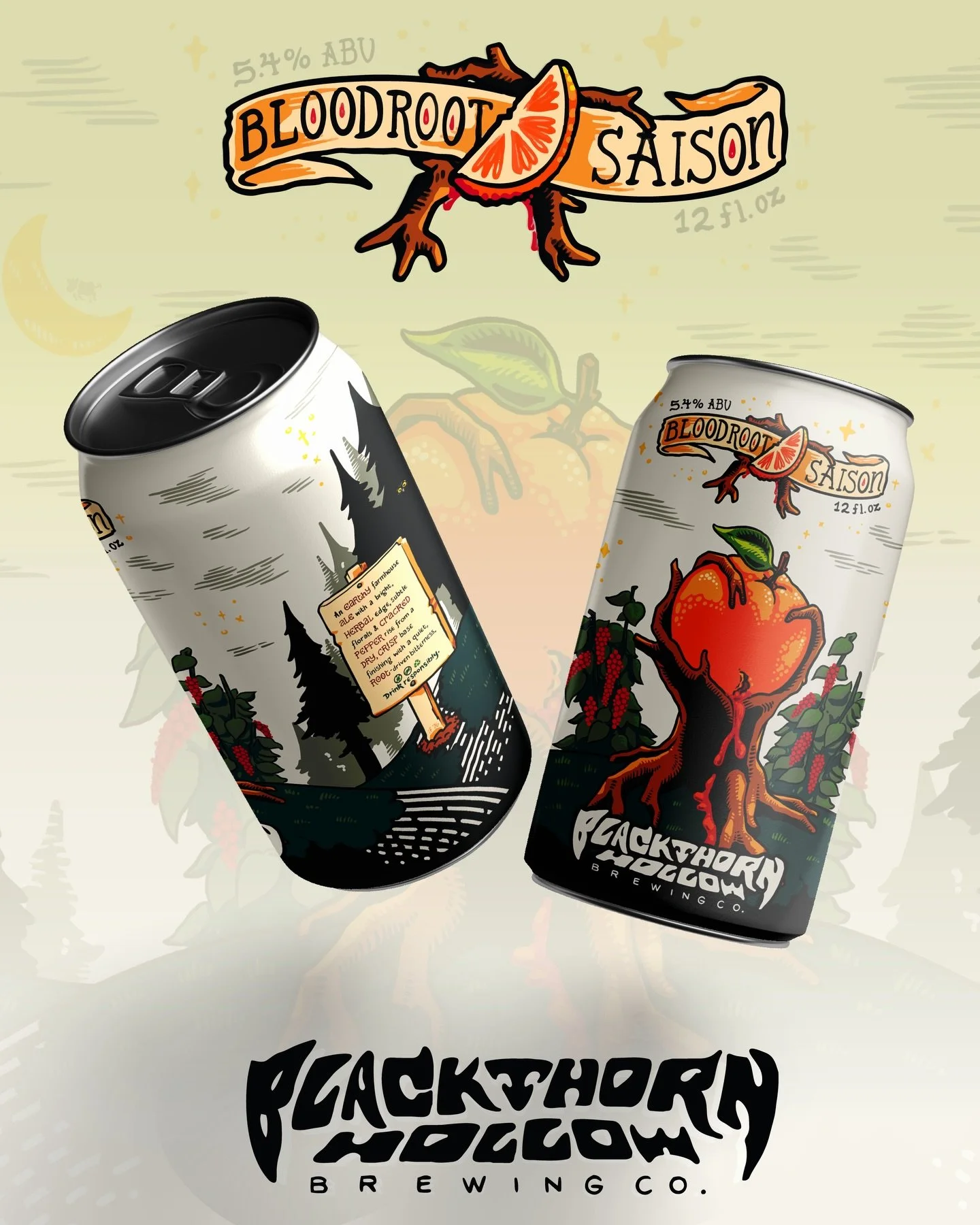 Bloodroot Saison finished at last. 🍊🩸 Starting over sometimes leads to a better design. I created a label for a farmhouse ale with a herbal edge, subtle florals, and peppery taste. With my design, I decided to lean into a wild-woods atmosphere with