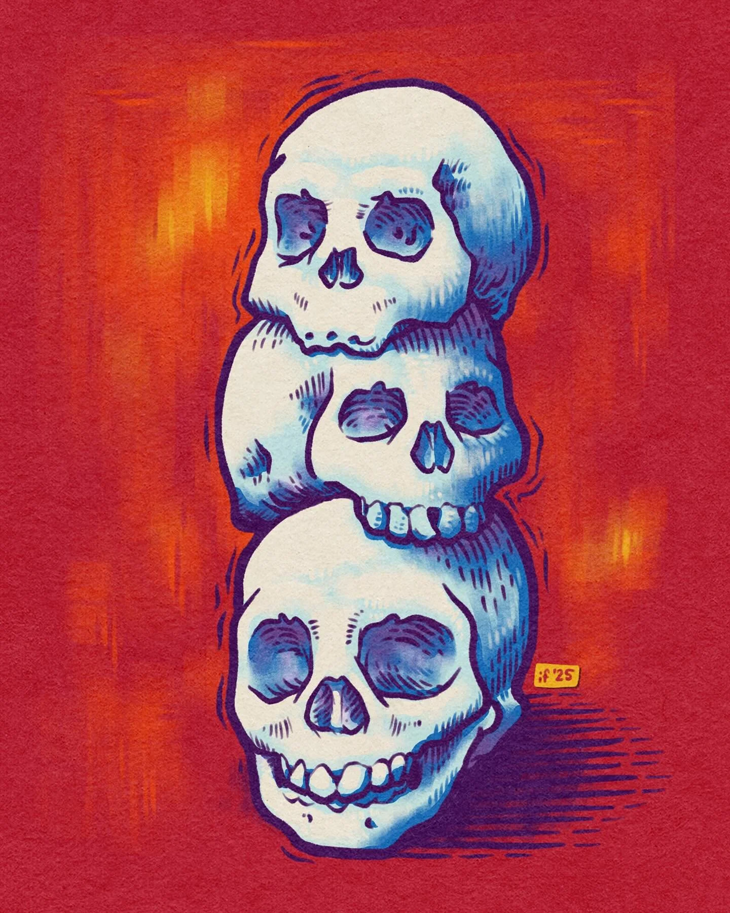 💀✨ Day 1 of #FrightFall2025 &mdash; Skulls!
Nothing says spooky season like stacking a few bony heads. For this one, I leaned into my signature palette, playing with cool colors against a fiery background for contrast.

Here&rsquo;s to kicking off O