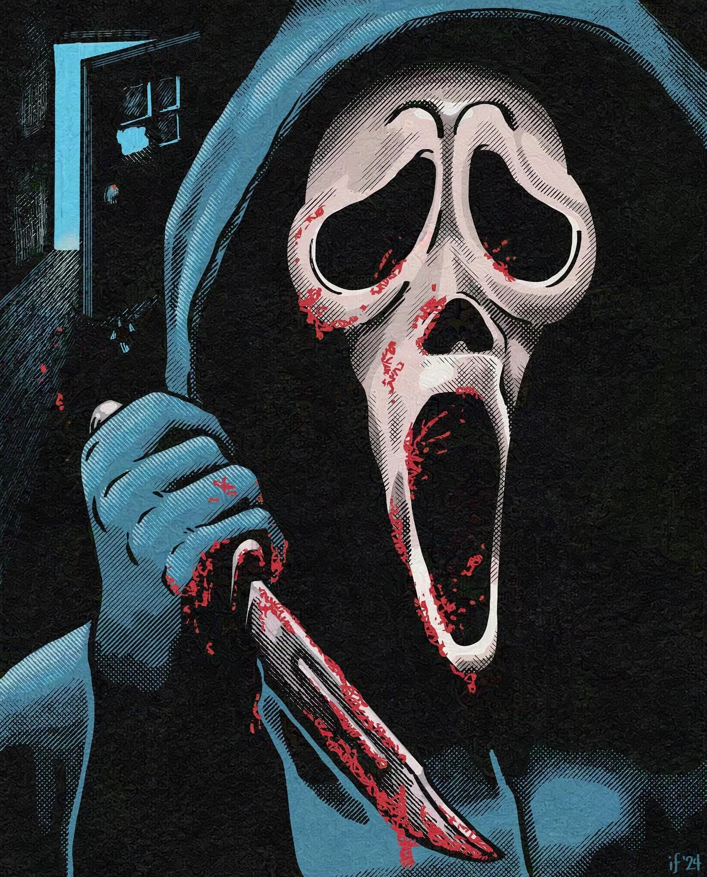 &ldquo;Do you like Scary Movies?&rdquo; 👻 😶  I decided to draw Ghostface from one of my favorite #horrormovies Scream. Why? Cause he always breaks into your house.  Day 08 - #intruder 🪟⛓️&zwj;💥 @retrosupply   #frightfall2024 #retrosupply #digital