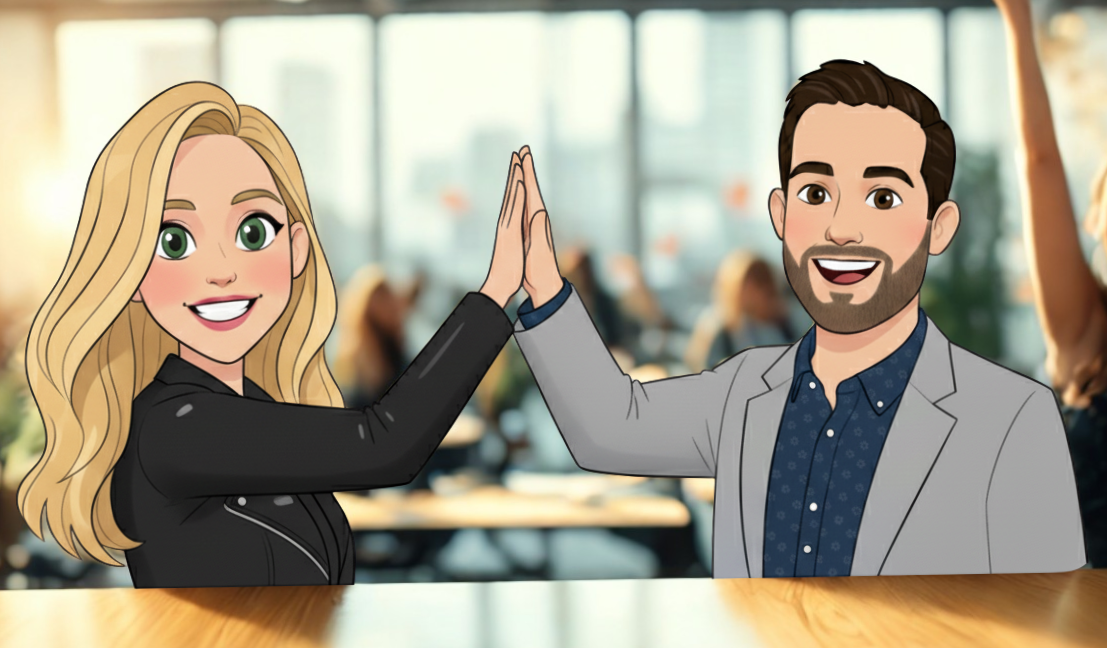 Cartoon illustration of co-founders Lauren Olson and Kyle Davis giving each other a high five in a busy indoor setting with large windows.