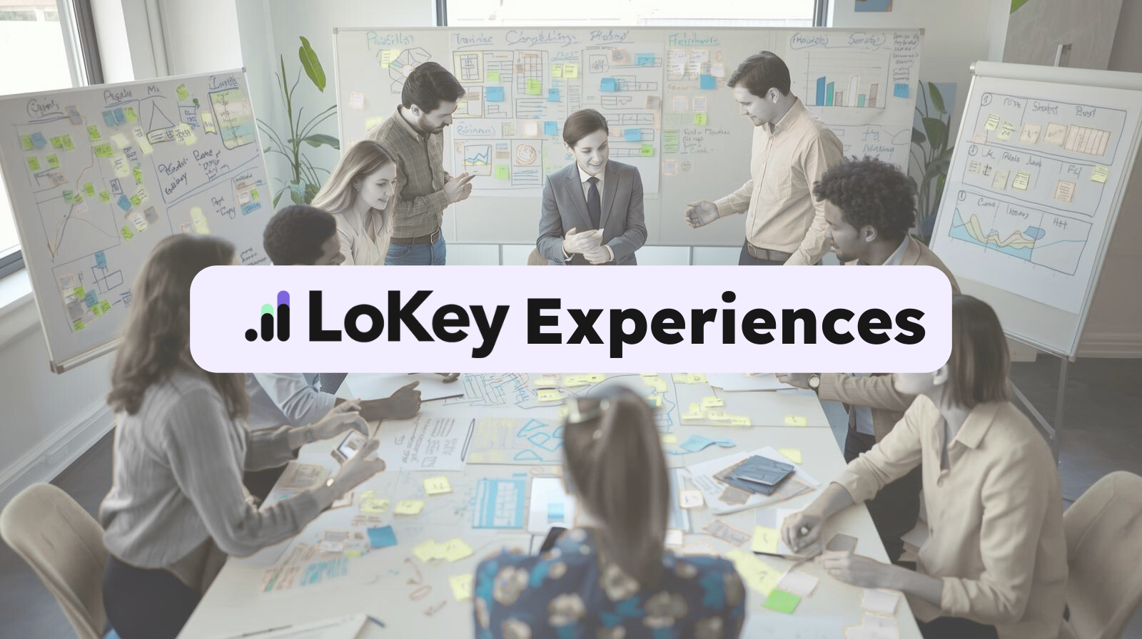 A business meeting with nine people in a conference room, working on project planning with charts, graphs, and post-it notes on whiteboards and a table.