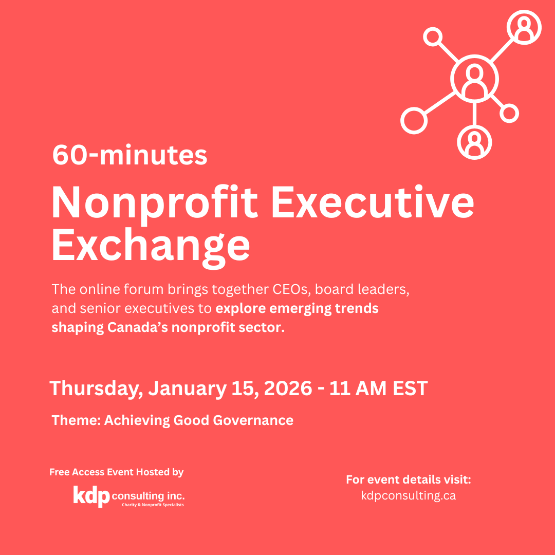 A FREE 60-minute online forum titled 'Nonprofit Executive Exchange' scheduled for January 15, 2026, at 11 AM EST, hosted by KDP Consulting Inc., focusing on achieving good governance in 2026. Register today!