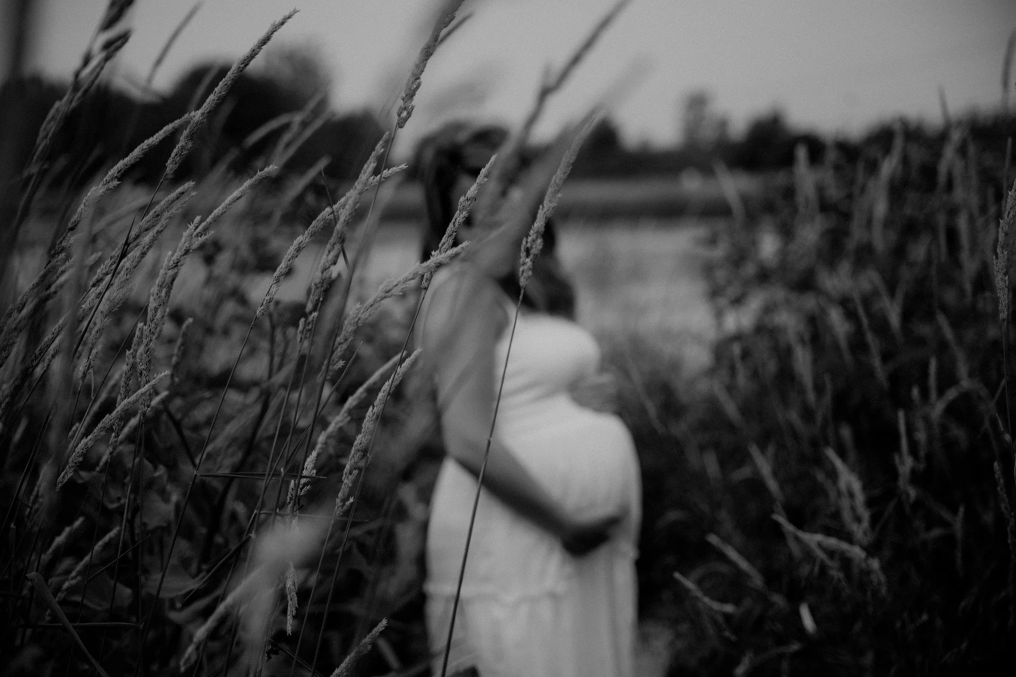 femme enceinte dans la nature, herbe haute, photo en noir et blanc, maternité