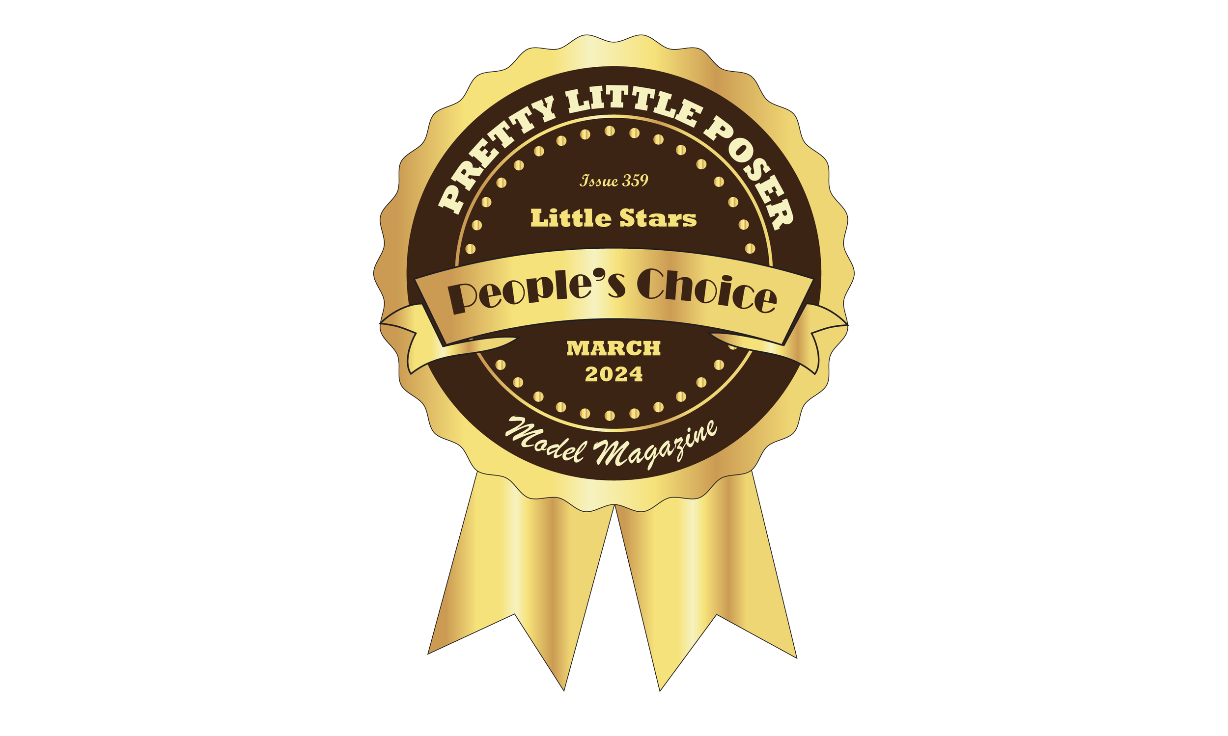 Une médaille avec une bordure dorée, portant le texte 'Prettty Little Poster Issue 359 Little Stars People's Choice March 2024 Model Magazine'