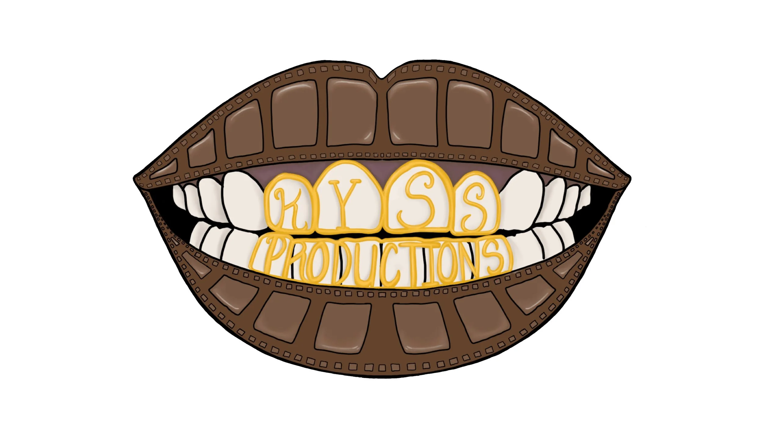 A stylized logo image of lips made of film strips. The mouth is open showing teeth with gold grillz that spell "KYSSProductions".