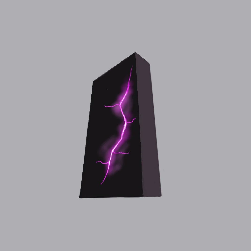 A tall black rectangular object with purple lightning-like streaks on its front, set against a neutral gray background. The logo of Monolith Studios, a recording and music production studio in Providence, RI