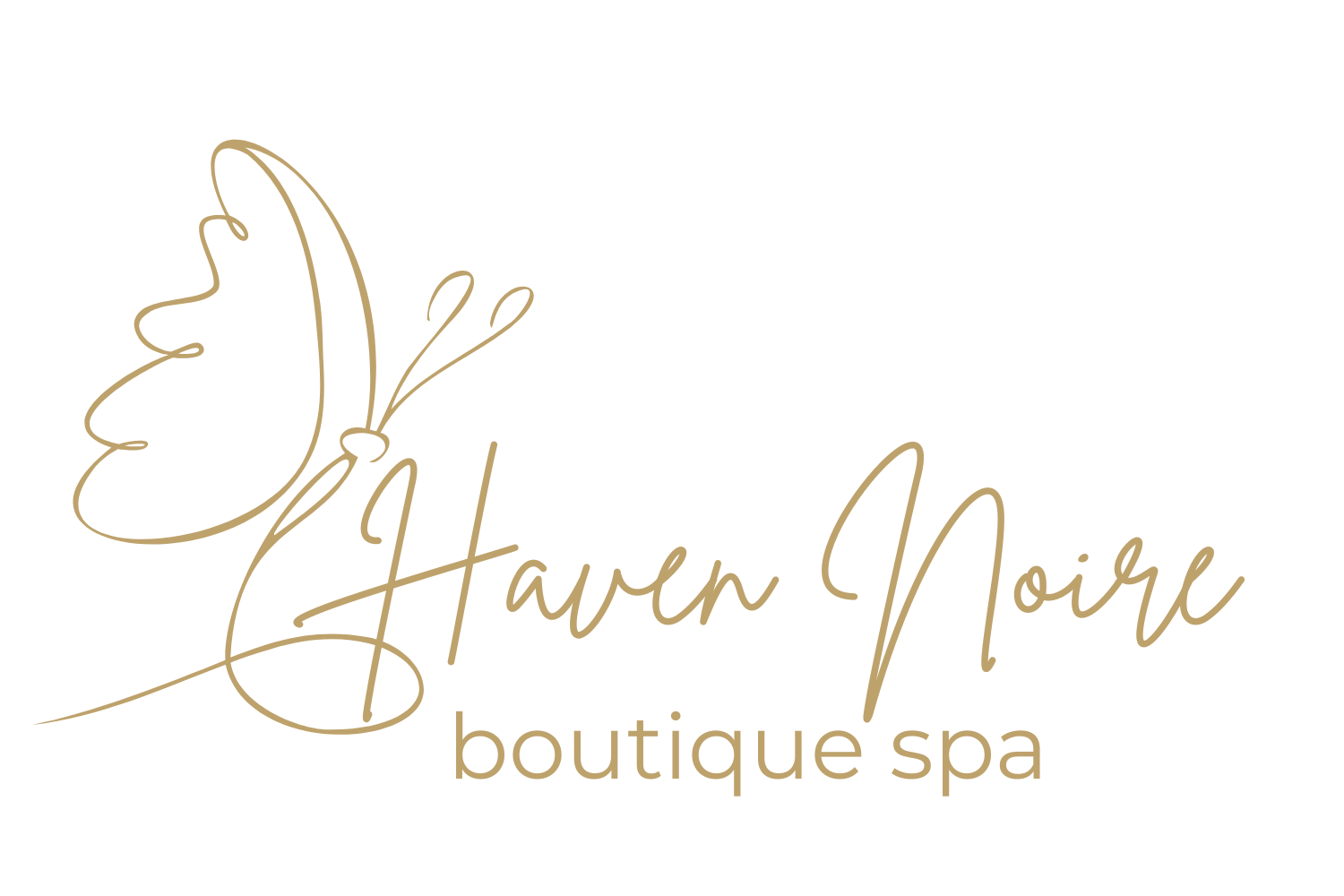 Logo for Haven Noire boutique spa with a stylized butterfly and elegant cursive text.