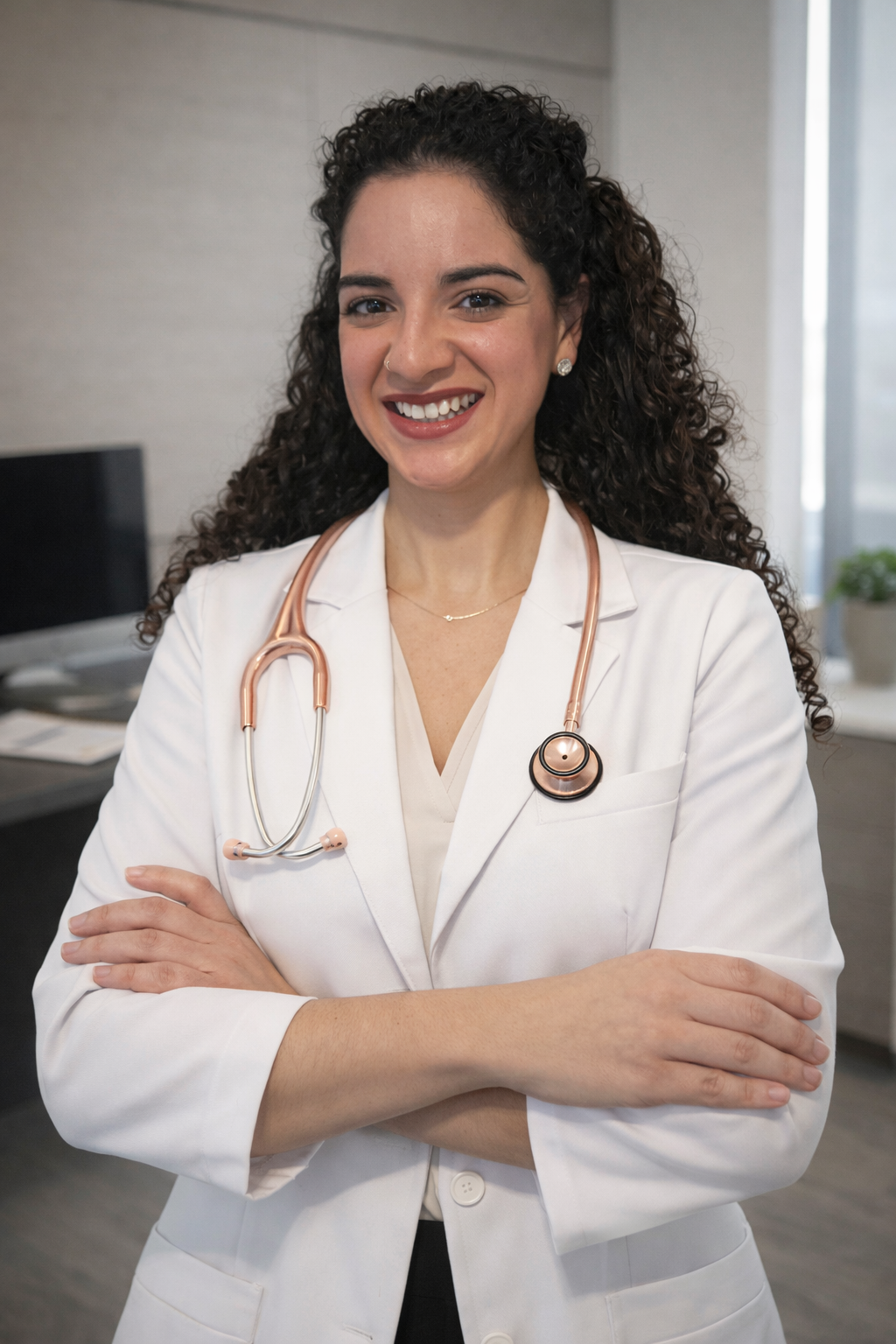 A female doctor with curly dark hair, wearing a white lab coat and a stethoscope around her neck, smiling and standing with arms crossed in a medical office.