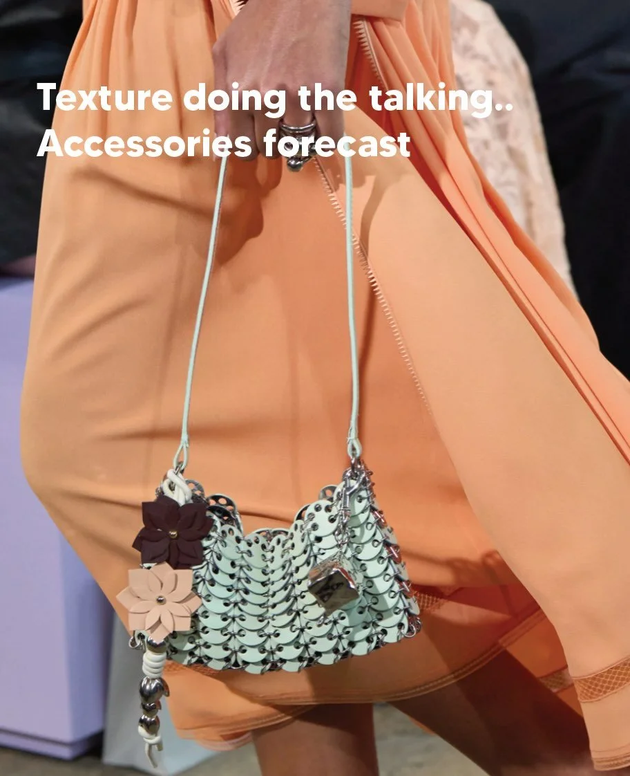 Accessories are where personality lives.

Texture, embellishment and sculptural bags bring depth and interest; even the simplest outfit feels considered when the bag has something to say. 

Think chainmail &amp; metal, patchwork and pieced leather, e
