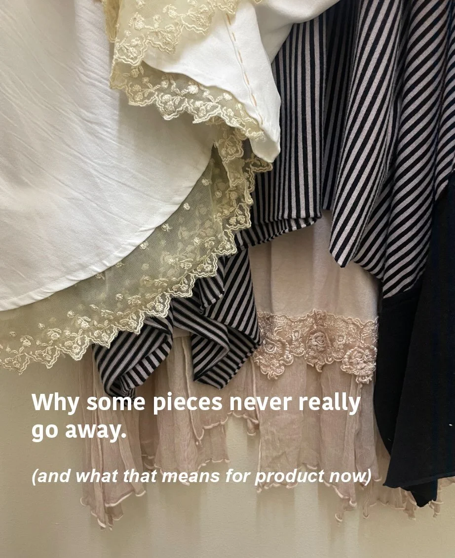 This is something I always find interesting.

What shows up in op shops..what&rsquo;s been worn, kept, and recirculated, often reappears on the runway later, just in a more refined way.

It&rsquo;s not about something being &ldquo;new&rdquo;.
It&rsqu