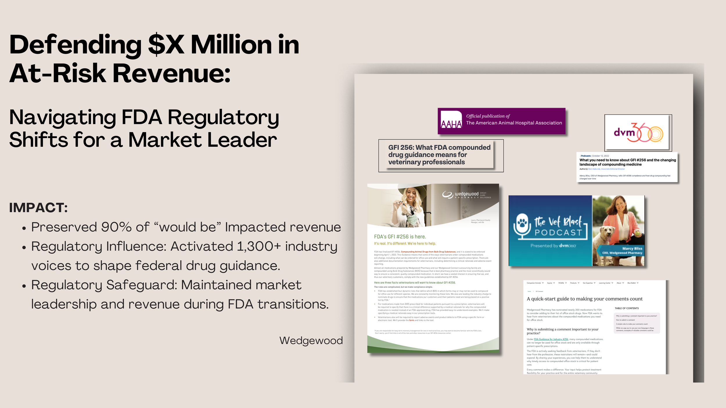 Case study: Defending 90% of at-risk revenue during major FDA regulatory shifts through strategic communications.