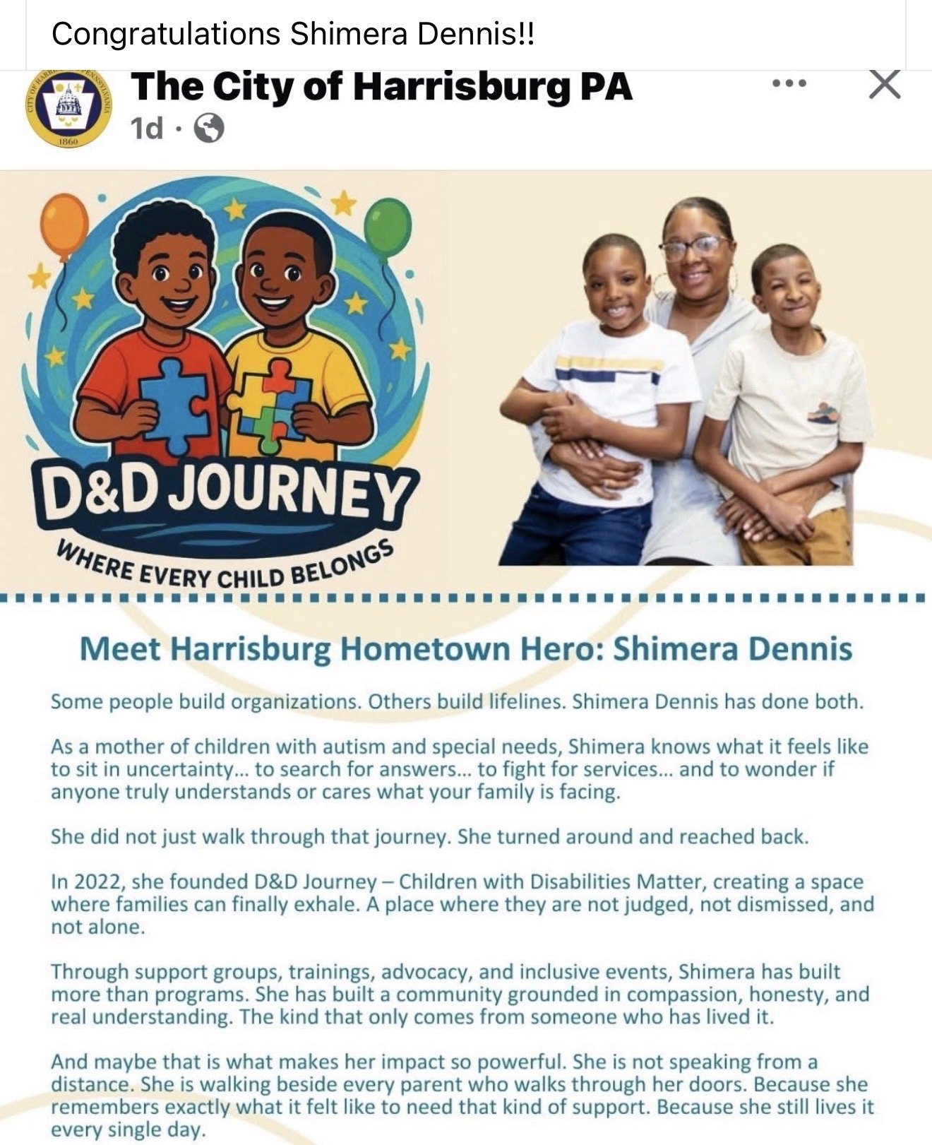 Graphic promoting D&D Journey in Harrisburg, PA, featuring cartoon children holding puzzle pieces and a real woman with two children, with informational text about Shimera Dennis's advocacy for children with disabilities.