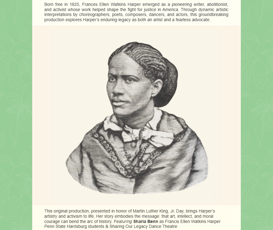 Black and white illustration of Frances Ellen Watkins Harper, a 19th-century African American woman, wearing a high-collared dress and a shawl, with her hair pulled back.