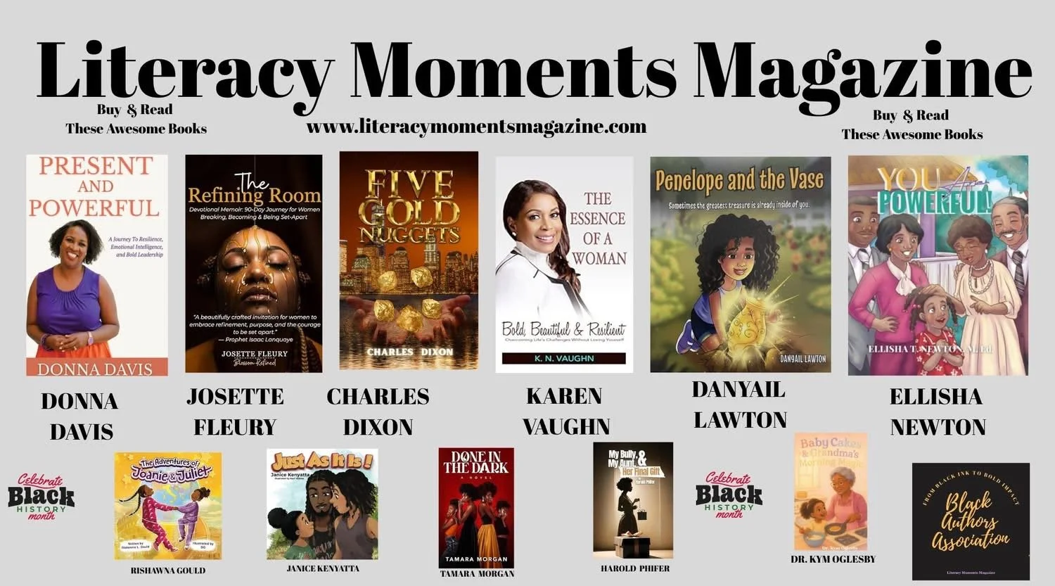 Cover of Literacy Moments Magazine featuring books by African American authors, with titles such as 'Present and Powerful' by Donna Davis, 'The Refining Room' by Josette Fleury, 'Five Gold Nuggets' by Charles Dixon, 'The Essence of a Woman' by Karen 