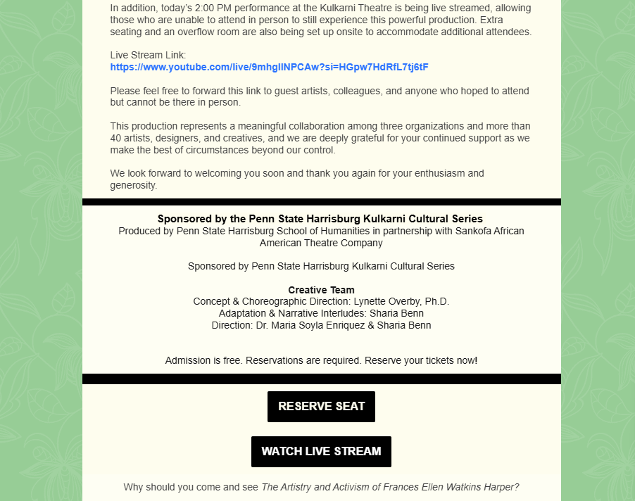 Text-based announcement for a live streamed performance at the Kulkarni Theatre, sponsored by Penn State Harrisburg Kulkarni Cultural Series, including details about the event, team, and streaming links.