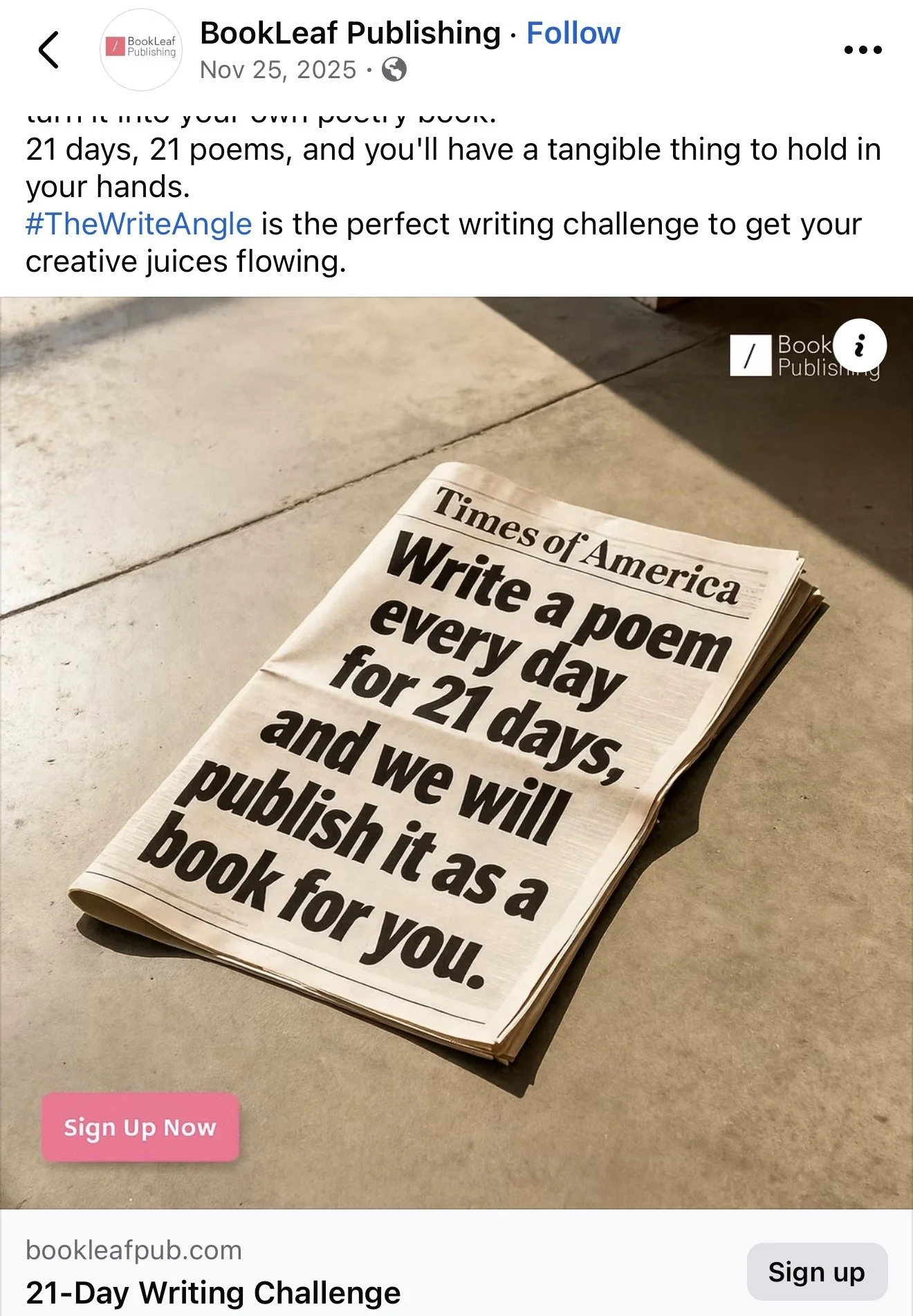 A newspaper with a headline that reads, 'Write a poem every day for 21 days, and we will publish it as a book for you,' placed on a concrete surface with sunlight casting shadows.