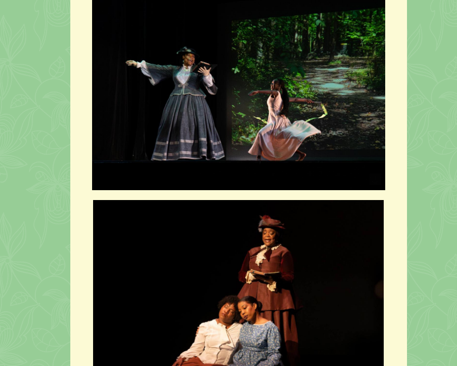 Two scenes from a theatrical performance. The first scene shows two women in period costumes, one reading a book and the other dancing on a forest backdrop. The second scene features three women, with one standing and speaking, and two seated, on a p