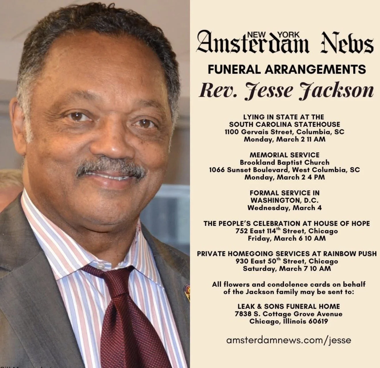 Funeral announcement with a portrait of Reverend Jesse Jackson on the left and funeral details on the right, including locations in South Carolina, Washington, D.C., Chicago, and Illinois.
