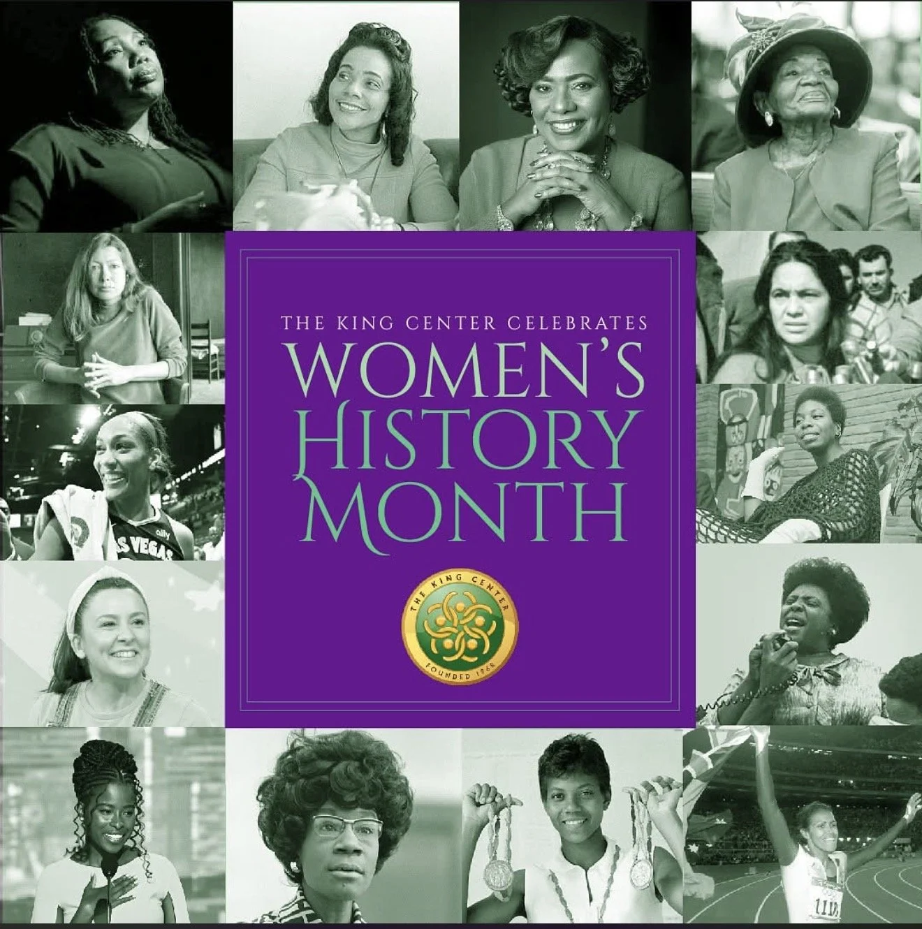 Collage of Black women in various settings surrounding a central purple square with text about Women's History Month and the King Center logo.