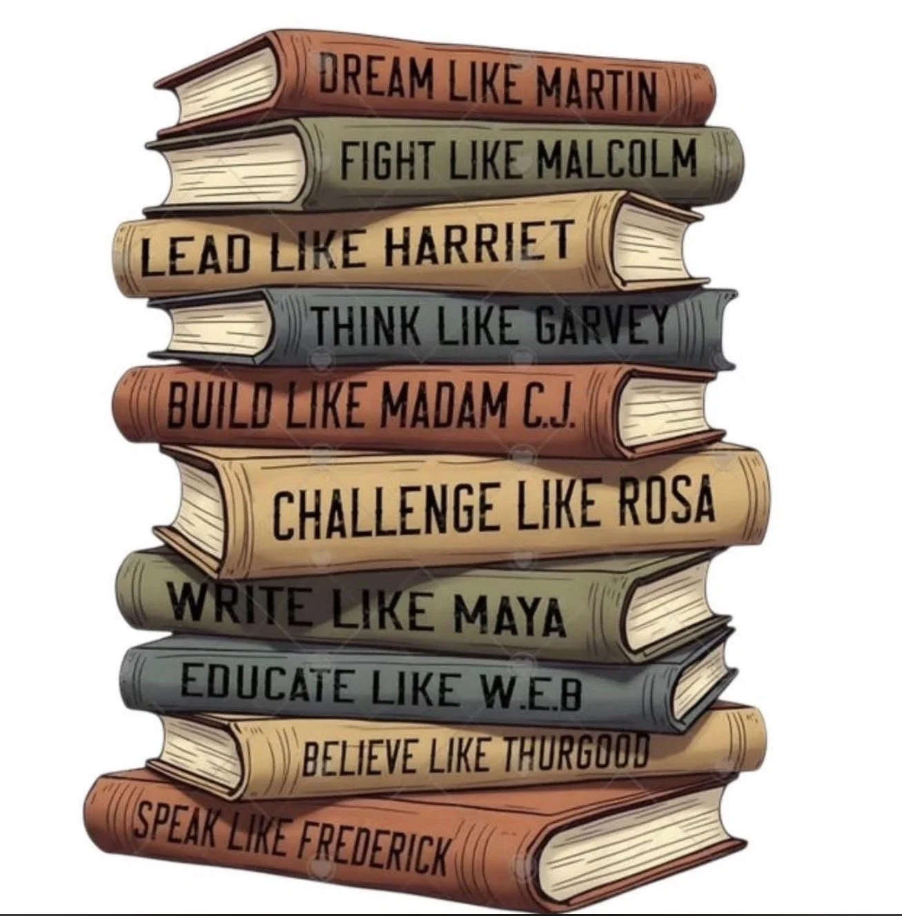 Stack of ten colorful books with motivational writing on their spines, each emphasizing qualities to emulate or lessons to follow.