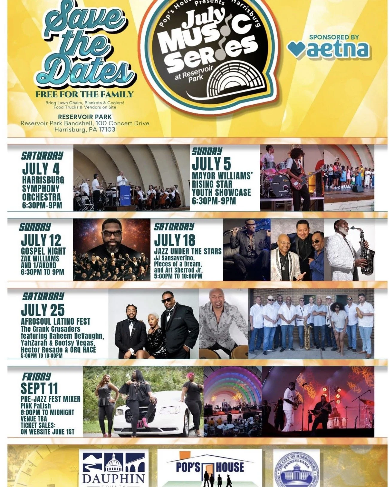 Schedule of upcoming free family music events at Reservoir Park, Harrisburg, PA, sponsored by Aetna. Events include symphony orchestra, youth showcase, gospel night, jazz, Latin fest, and pre-jazz fest mixer, with dates from July 4 to September 11.
