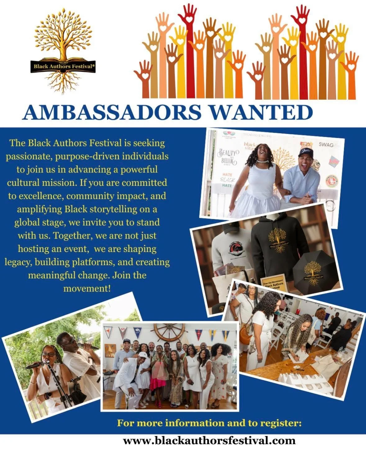 Flyer for Black Authors Festival seeking passionate individuals to join as ambassadors, featuring images of people at the event, with a logo of a tree and colorful raised hands at the top.