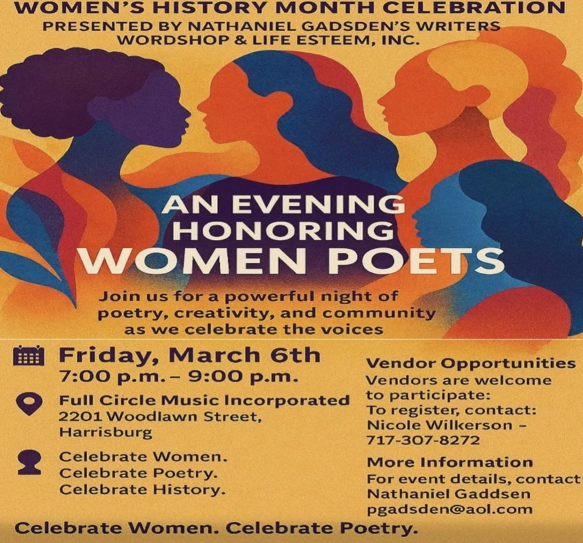 Colorful poster for Women's History Month celebration, featuring silhouettes of women in profile. Event titled 'An Evening Honoring Women Poets' scheduled for Friday, March 6th, from 7:00 p.m. to 9:00 p.m. at Full Circle Music Incorporated, Harrisbur
