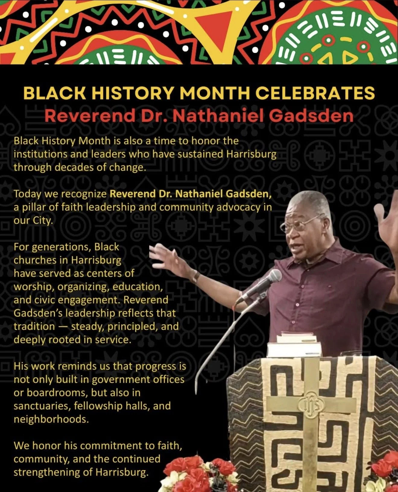A poster celebrating Black History Month featuring Reverend Dr. Nathaniel Gadsden speaking at a church event, with decorative African-inspired patterns at the top and a cross on the table in front of him, surrounded by flowers.