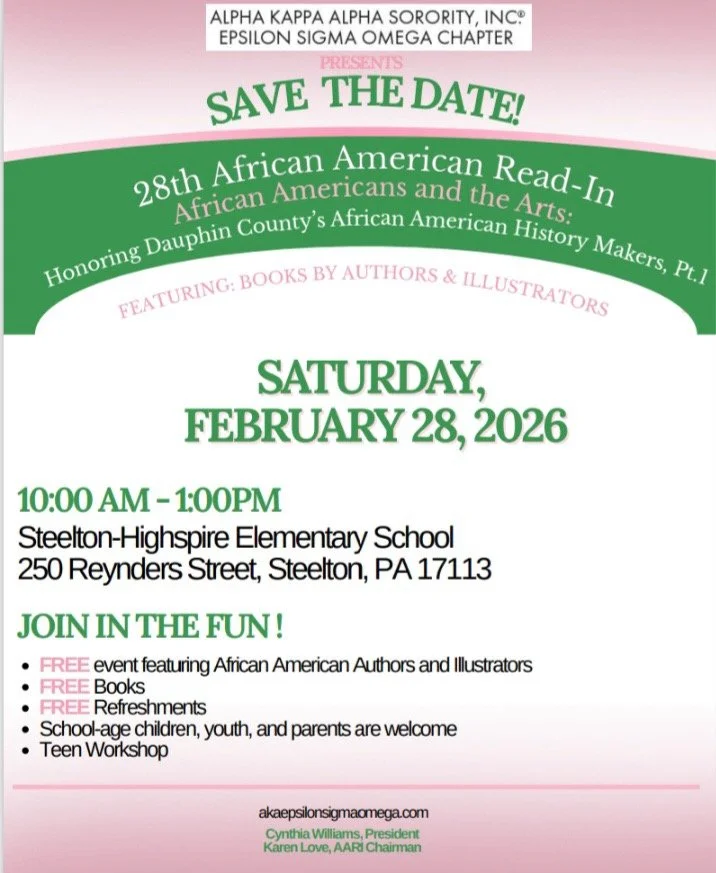 Save the Date for the 28th African American Read-In event on Saturday, February 28, 2026, from 10:00 AM to 1:00 PM at Steelton-Highspire Elementary School, featuring African American authors, free books, refreshments, and a teen workshop, organized b