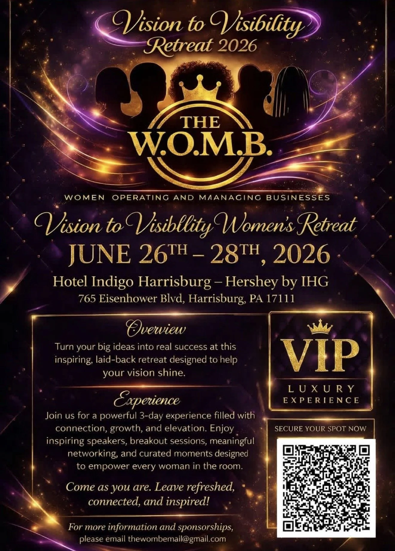 Promotional flyer for the 'Vision to Visibility Women's Retreat 2026' organized by The W.O.M.B. (Women Operating and Managing Businesses), scheduled from June 26 to June 28, 2026, at Hotel Indigo Harrisburg-Hershey, Pennsylvania. Features silhouettes