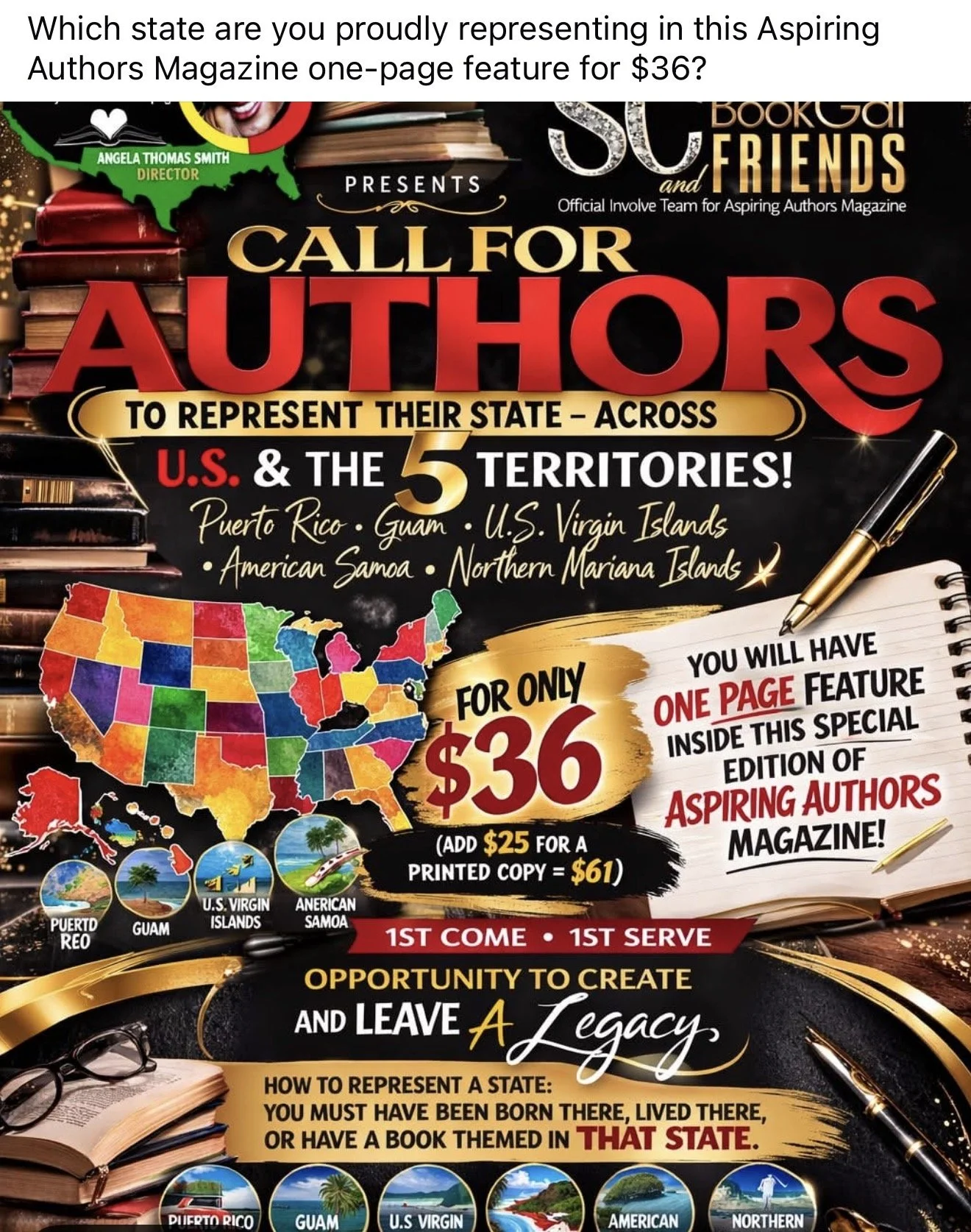 A colorful advertisement for a magazine feature about aspiring authors representing U.S. states and territories, including a map of the U.S. with states highlighted in various colors, books, and tropical island images, with text detailing the offer f