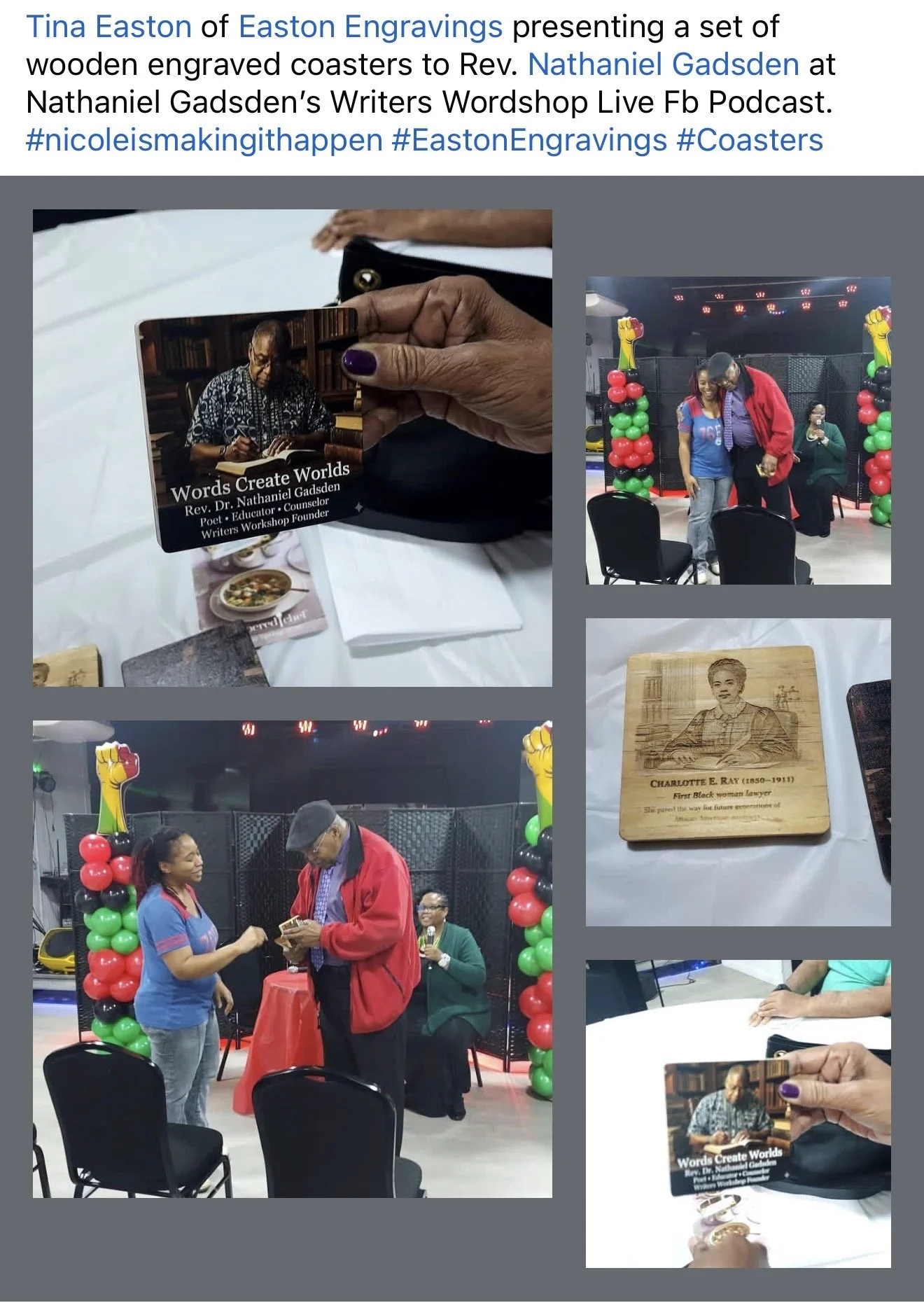 Photos from a bookstore or event featuring Reverend Dr. Nathaniel Gadsden. One image shows a hand holding a business card with his photo and info. Two photos depict a stage with people, balloons, and a woman being honored. One picture captures a wood