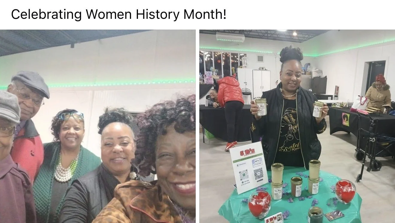 Group of women celebrating Women’s History Month, some smiling and holding jars, with a table displaying jars and decorative items