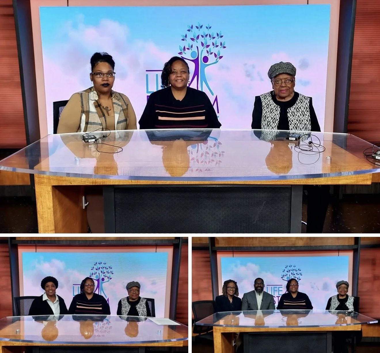 Group of women and a man seated at a desk in a studio with a large screen displaying a logo with a tree and the words "Life" and "Strong."