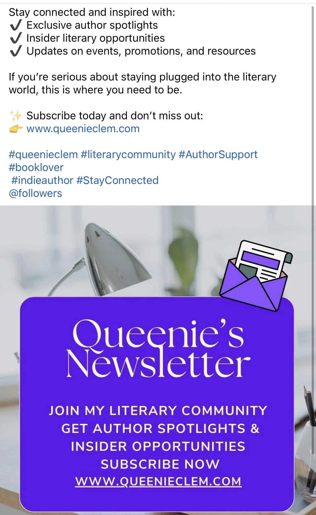 Promotional graphic for Queenie's Newsletter featuring a purple background with white text, an illustration of an email inbox and a desk lamp, and details about joining the newsletter community at www.queenieclem.com.