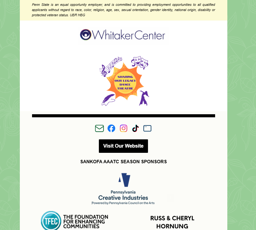 Whitaker Center logo with musical notes, theatrical masks, dancing figures, and a starburst with the text 'Sharing Our Legacy Dance Theatre' in the center.