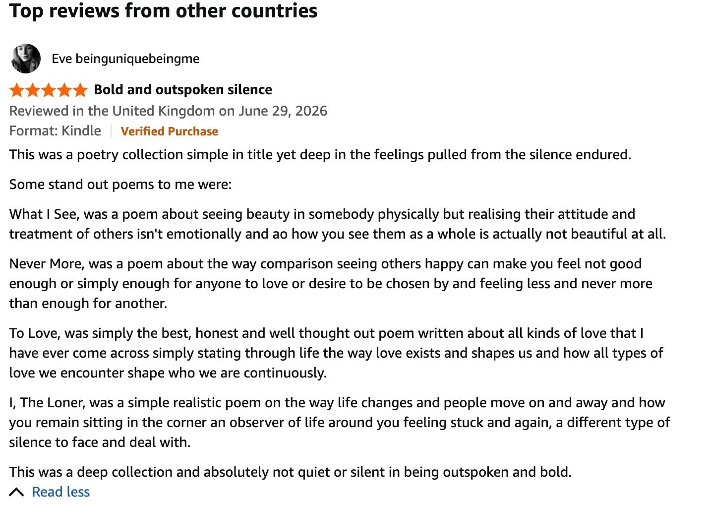I still can&rsquo;t believe my book is reaching so many readers. I just came across this review while browsing through Amazon. I have to remind myself that this is my actual real life now.thank you so much to &Egrave;ve for her wonderful review. Than