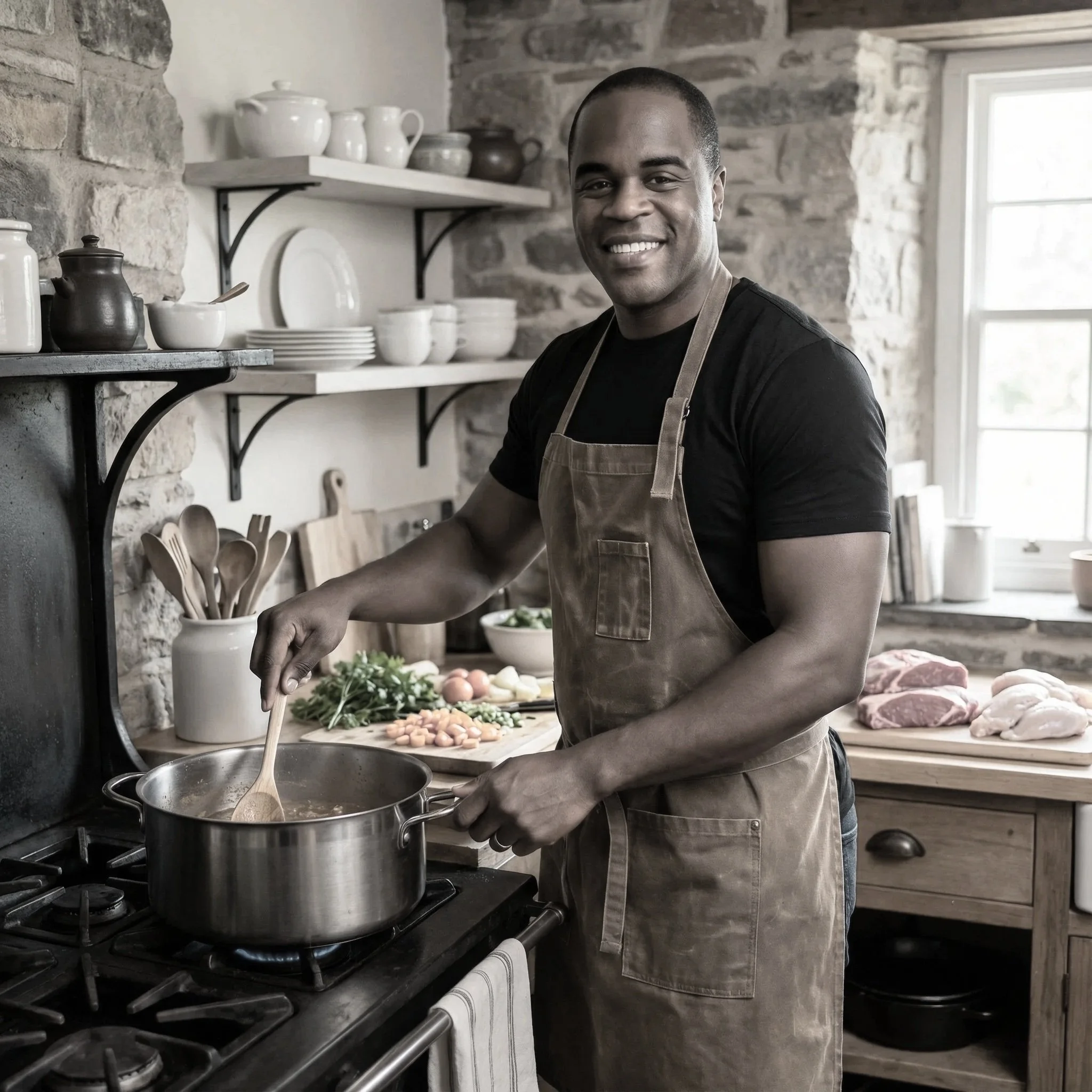 Chef Jones cooking on a stove in a rustic kitchen with stone walls and open shelves, smiling while stirring a pot.