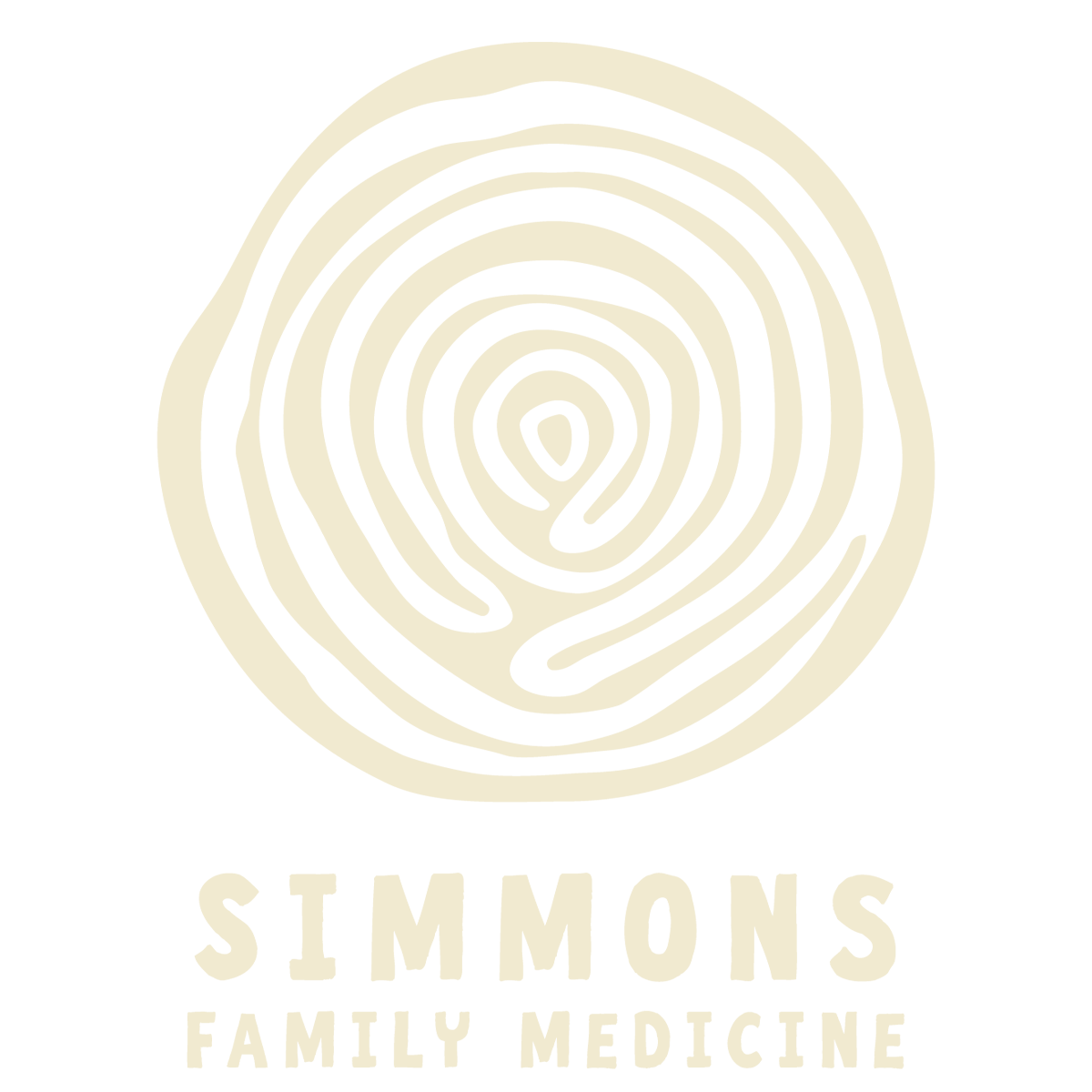Logo for Simmons Family Medicine featuring a stylized tree with circular rings in black and beige.
