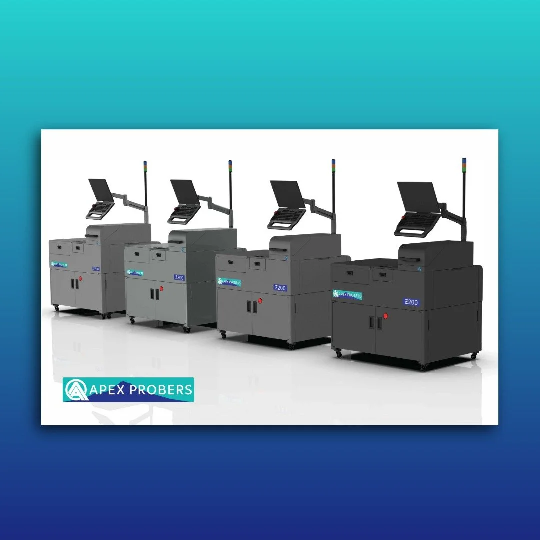 Four identical electronic testing machines with monitors and control panels, labeled 'Z200' and 'APEX PROBERS,' positioned in a row against a white background.