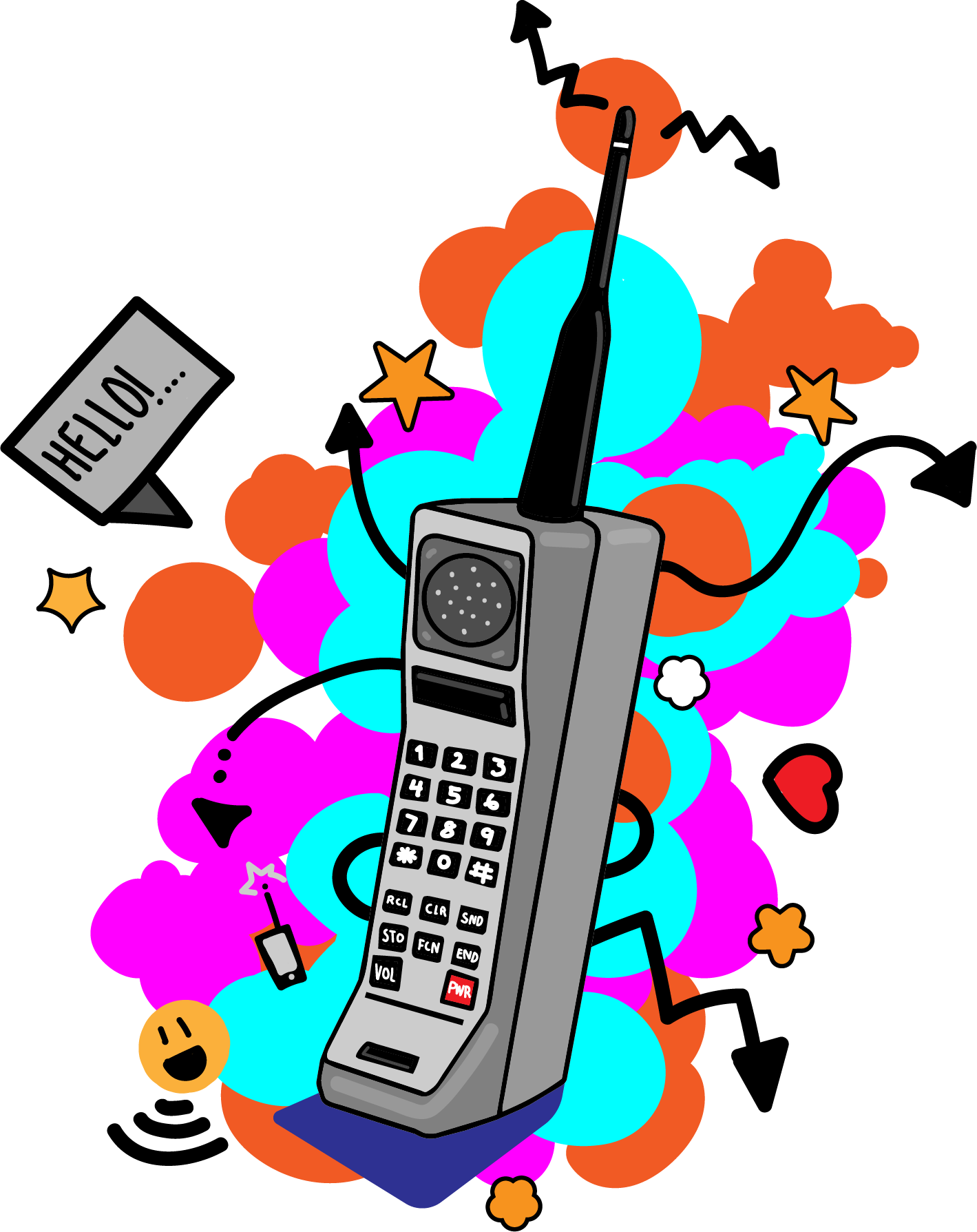 A retro grey cordless landline telephone with black and white buttons, surrounded by colorful abstract shapes, stars, and small emoticons, along with a speech bubble saying 'HELLO!'