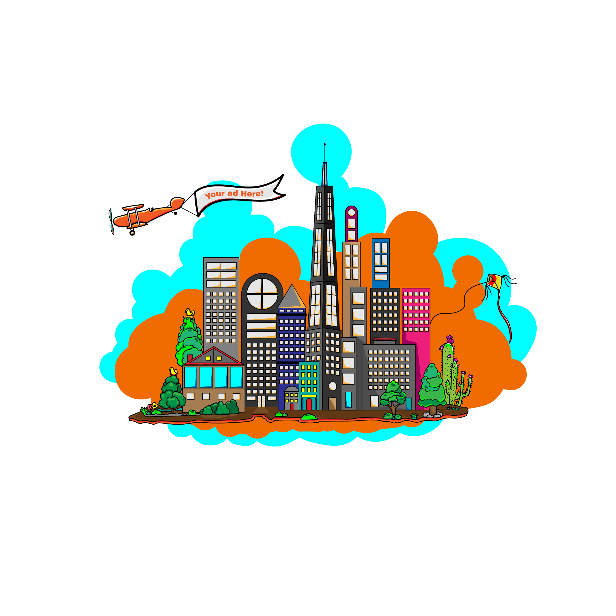 A colorful illustration of a cityscape with tall buildings, a helicopter with a banner that says 'Your ad Here!', trees, clouds, a kite, and a person's face in the bottom right corner.