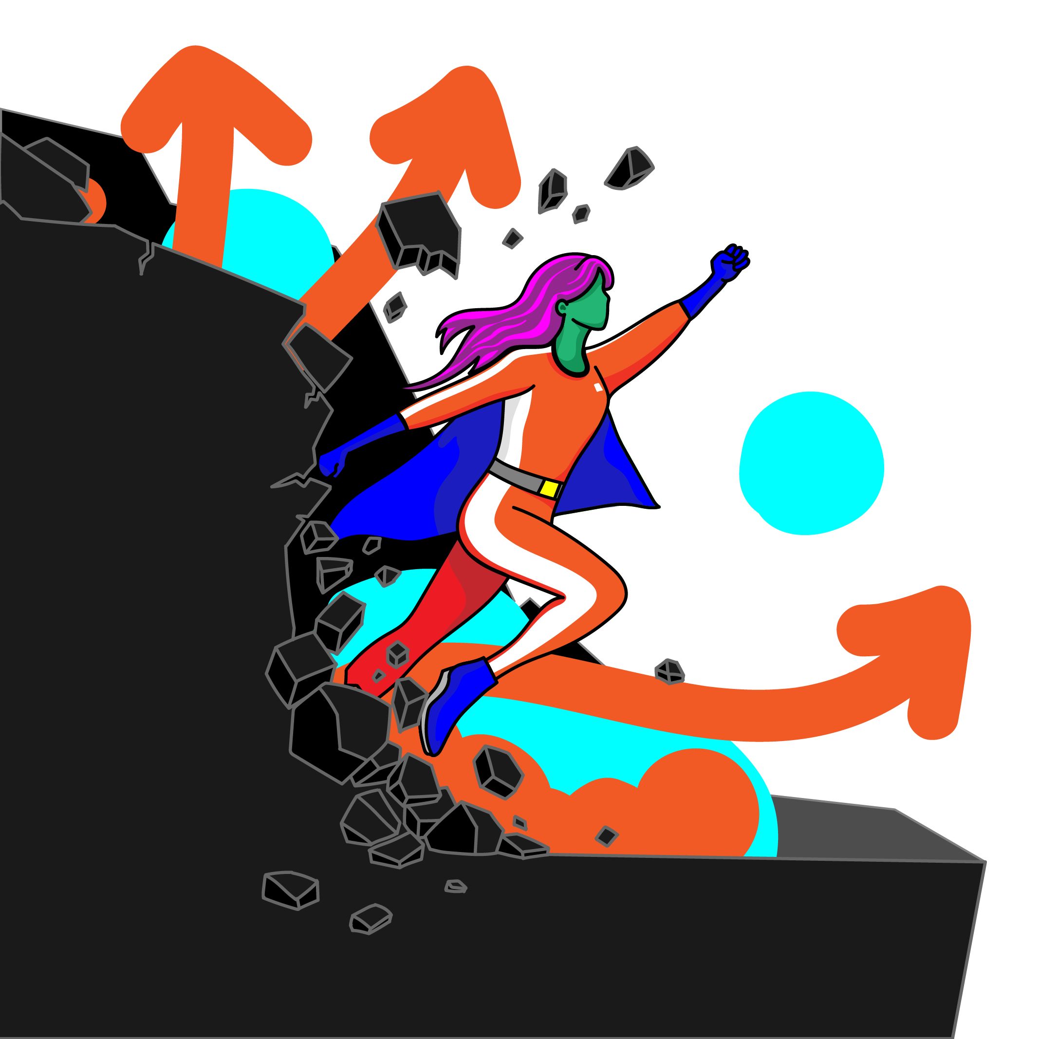 A stylized illustration of a woman with purple hair and green skin wearing an orange jacket and blue gloves, jumping over a broken surface with rocks flying around. Large blue spheres are floating around her in a dark background.