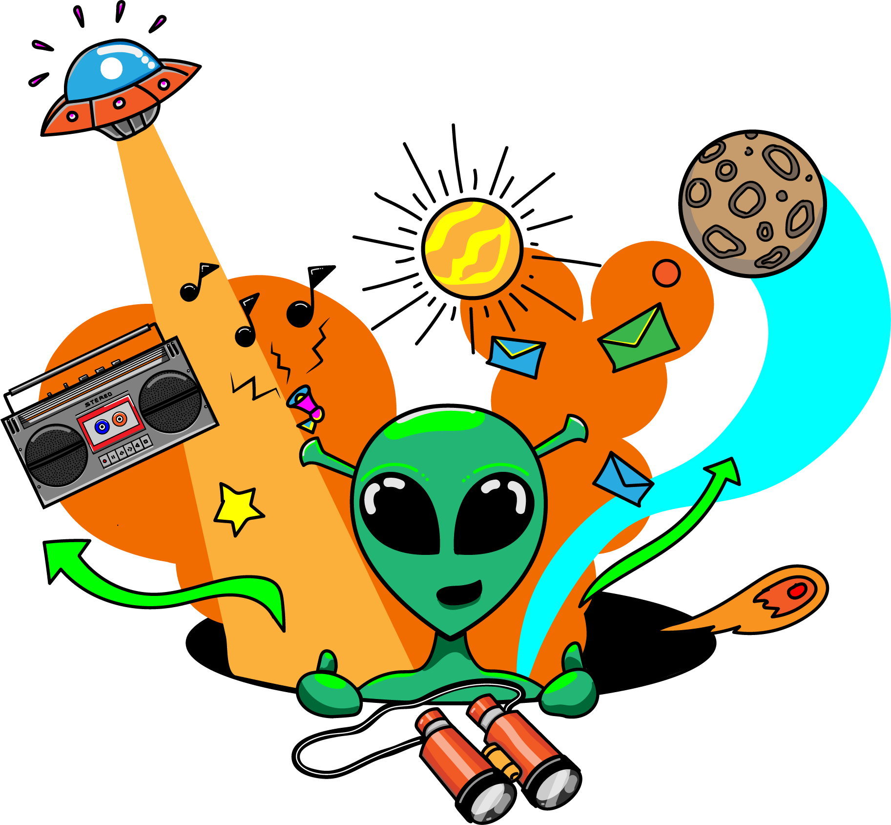 Cartoon illustration of an alien with big black eyes, holding a video game controller, surrounded by planets, stars, and space objects like a UFO, a boombox, a meteor, and decorative elements.