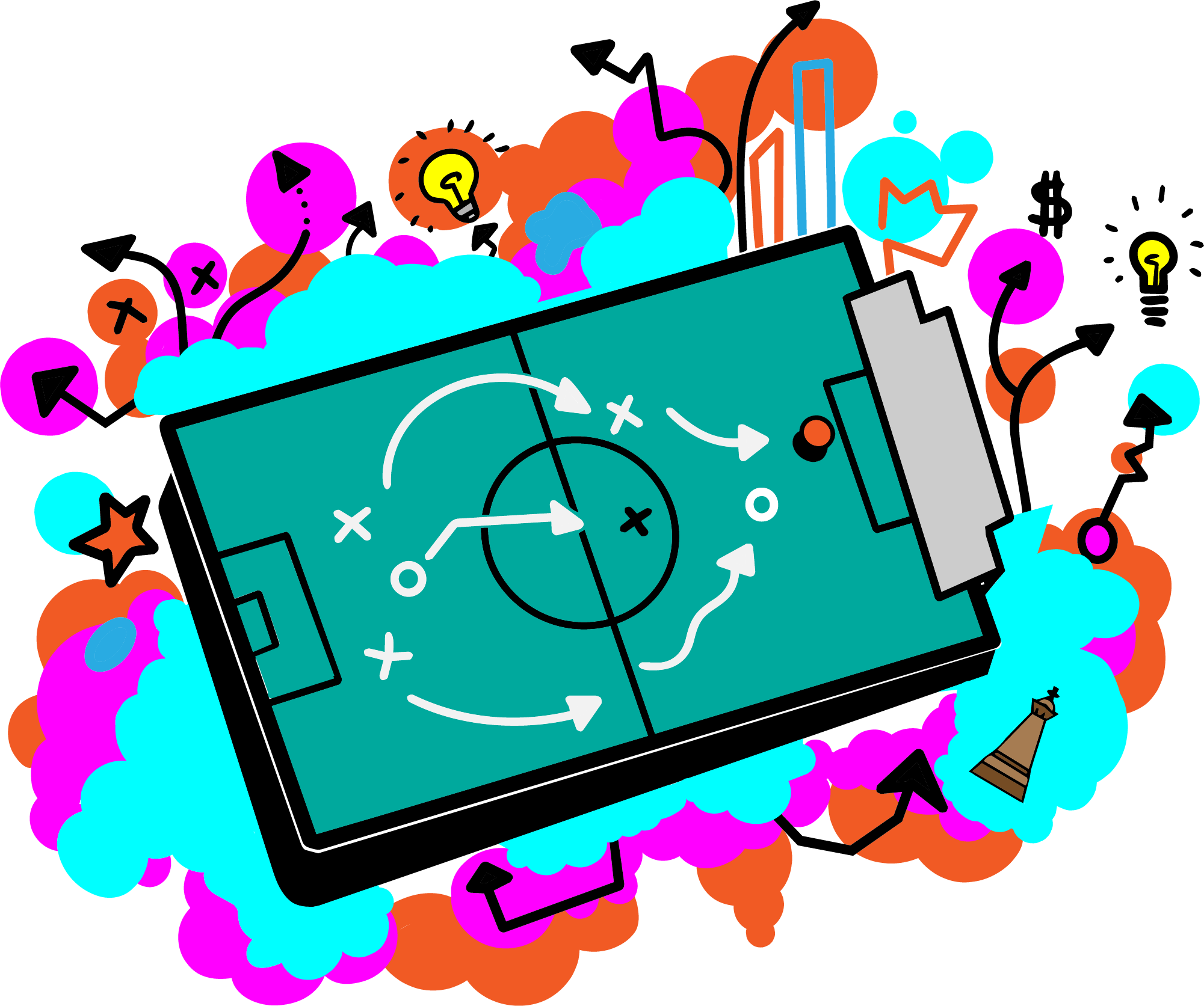 Colorful illustration of a sports field with strategic lines, surrounded by scattered abstract shapes, light bulbs, question marks, arrows, and dollar signs, representing ideas, planning, and financial growth.