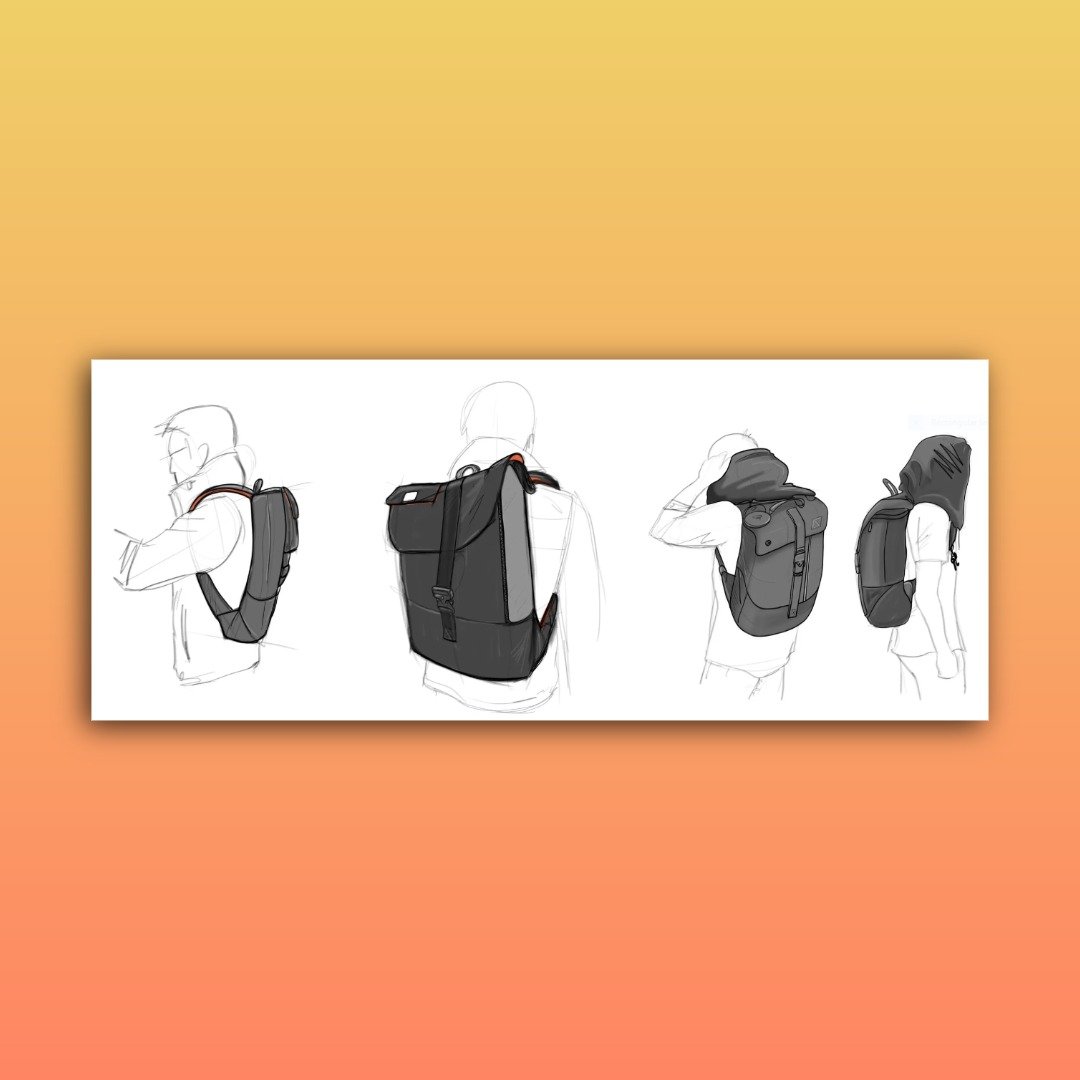 Sketches of four individuals wearing backpacks, with the second person’s backpack fully colored and detailed.