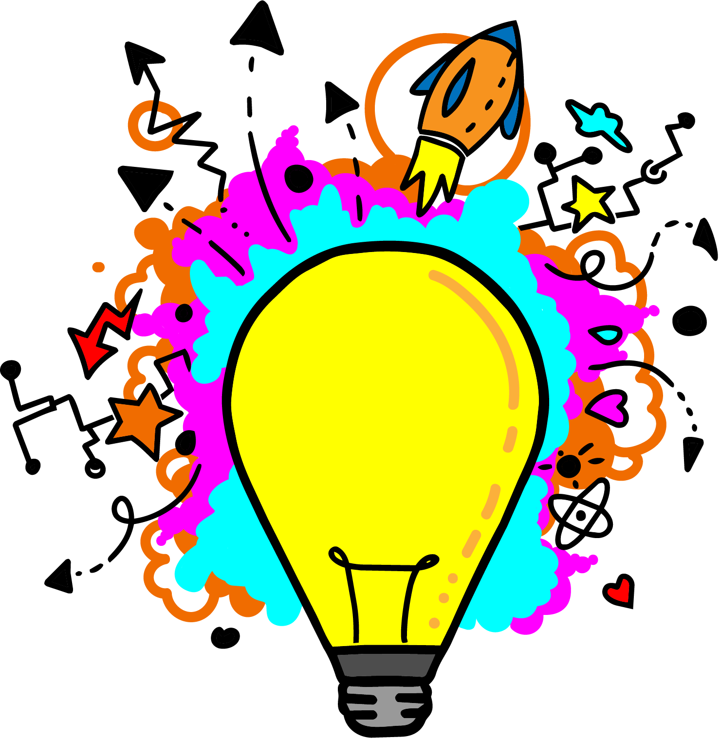 A colorful illustration of a lightbulb with its filament shaped like a spark, surrounded by vibrant, abstract shapes and patterns, including stars and clouds.