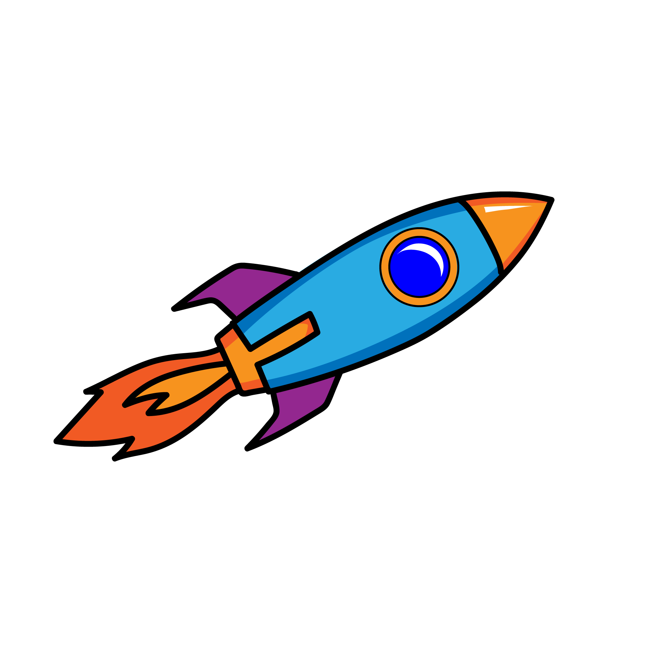 Colorful cartoon rocket with blue body, orange nose cone, and purple fins blasting off with orange flames and smoke.